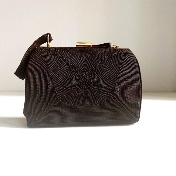 Vintage Chocolate Brown Cordé Textured  Fabric Detail Small Evening Handbag \ - Picture 1 of 8